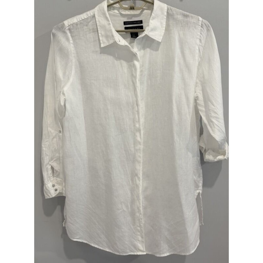Tahari Essentials 100% Linen Long‎ Roll Tab Sleeve Button Tunic Shirt White XL